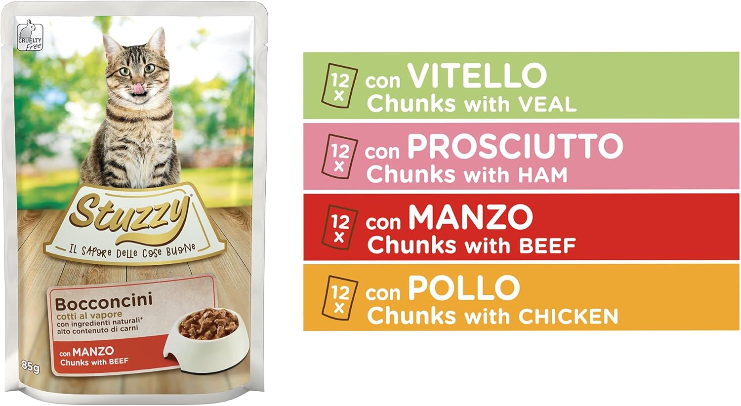 Detalle 2 de Stuzzy Cibo Umido per Gatti Adulti in Vari Gusti – Bocconcini in Salsa, Totale 4,08 Kg (48 Buste da 85 g)