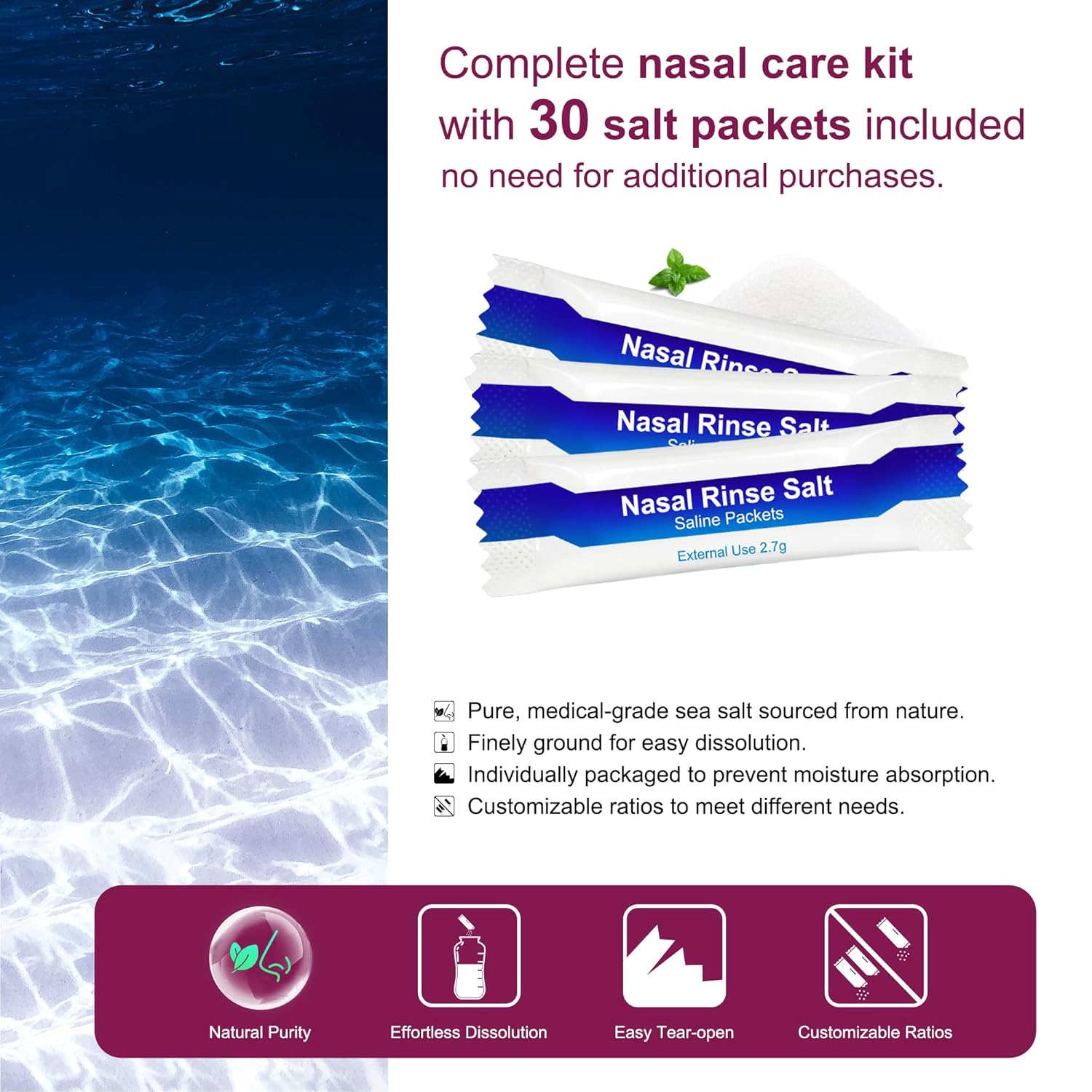 Detalle de Nasendusche Set – Neti-Topf zur Nasenspülung, 300 ml, BPA-frei, inkl. 30 Nasenwasch-Salzpakete und rosa Aufkleberthermometer