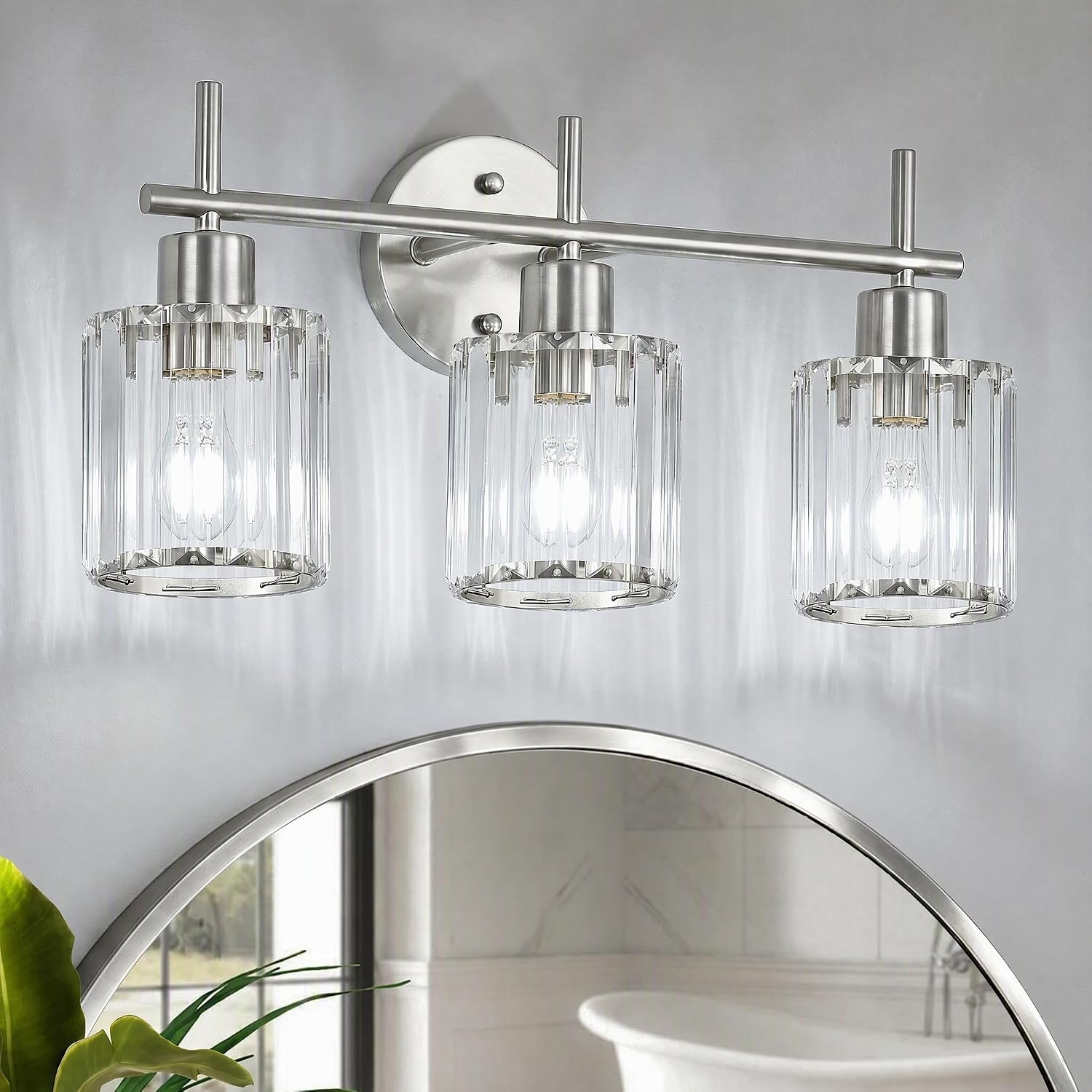 Detalle de Dvnctz DC20260411AA 3-Light Vanity Light, Brushed Nickel with Crystal Shades