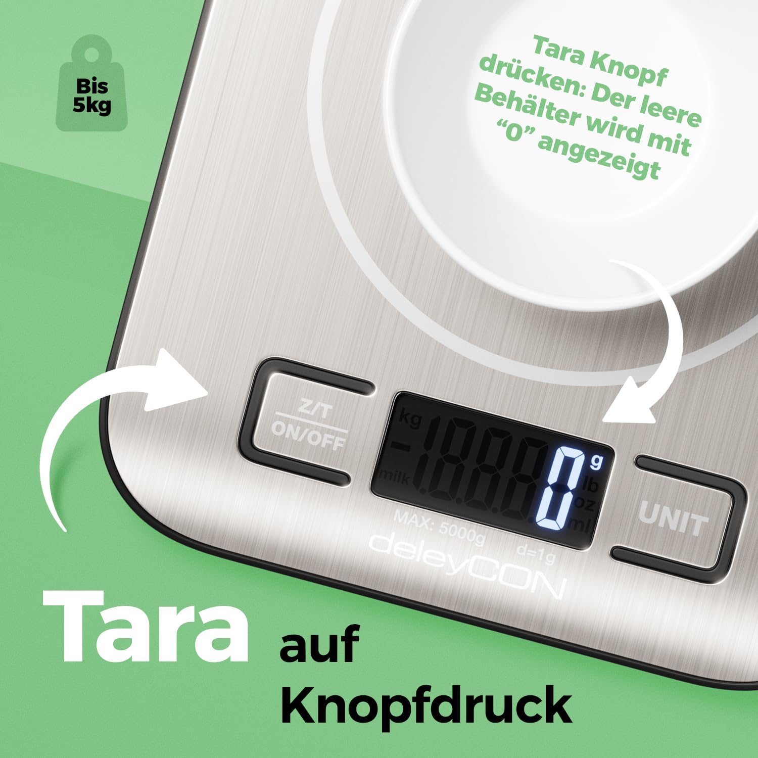 Detalle de DeleyCON Küchenwaage Digital MK6927 – Präzise 1 g, 5 kg max, flach, Edelstahl-Plattform