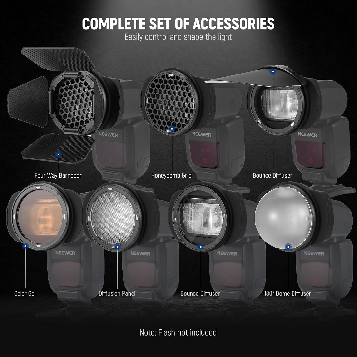 Detalle 2 de NEEWER Anello adattatore in silicone per flash testa quadrata con kit accessori magnetici e gel colorati