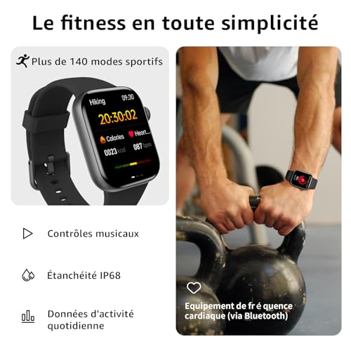 Detalle de AcclaFit Montre Connectée Homme/Femme – 1.85'' HD, 140+ modes, BPM, sommeil, IP68, Appels Bluetooth