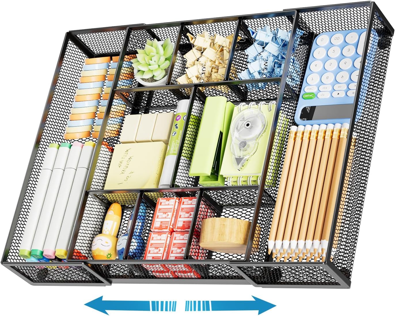 Detalle de Marbrasse Drawer Organizer Tray-Black Expandable Desk Organizer, Metal Mesh, 10 Compartments