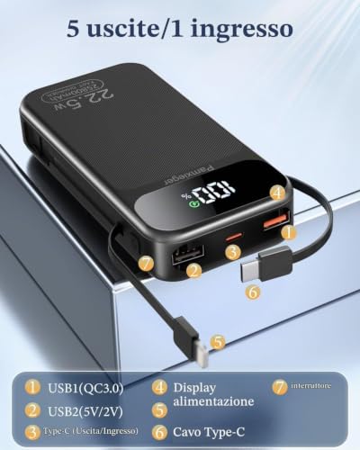 Detalle 2 de zamxueyo Power Bank 25.800 mAh da 22,5 W con cavi integrati e display LCD