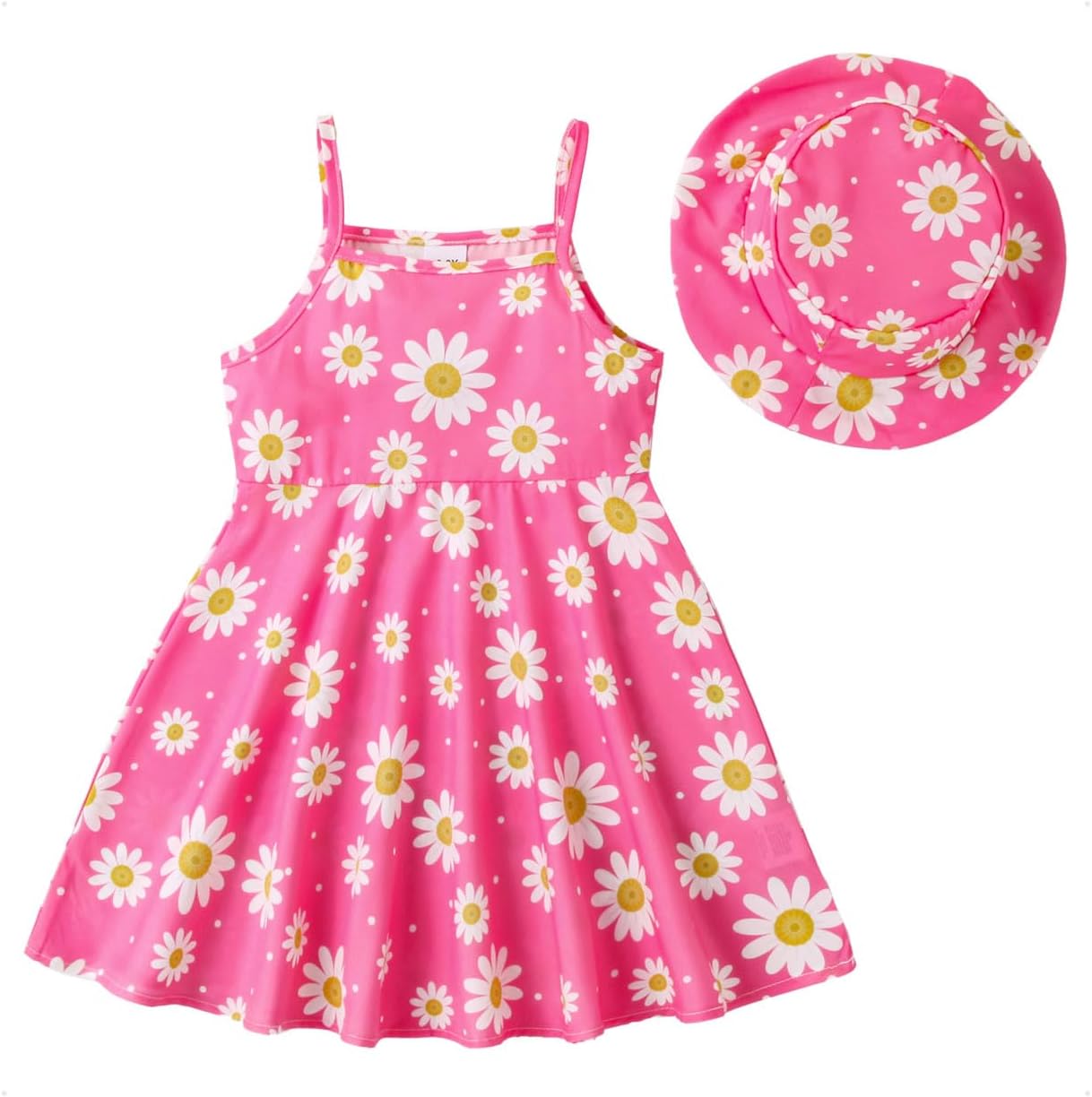 Thumbnail 6 de KONFEN Baby Girl Dress Set with Daisy Hat — Sleeveless Floral Dress for 0-3 Years (Green/Pink)