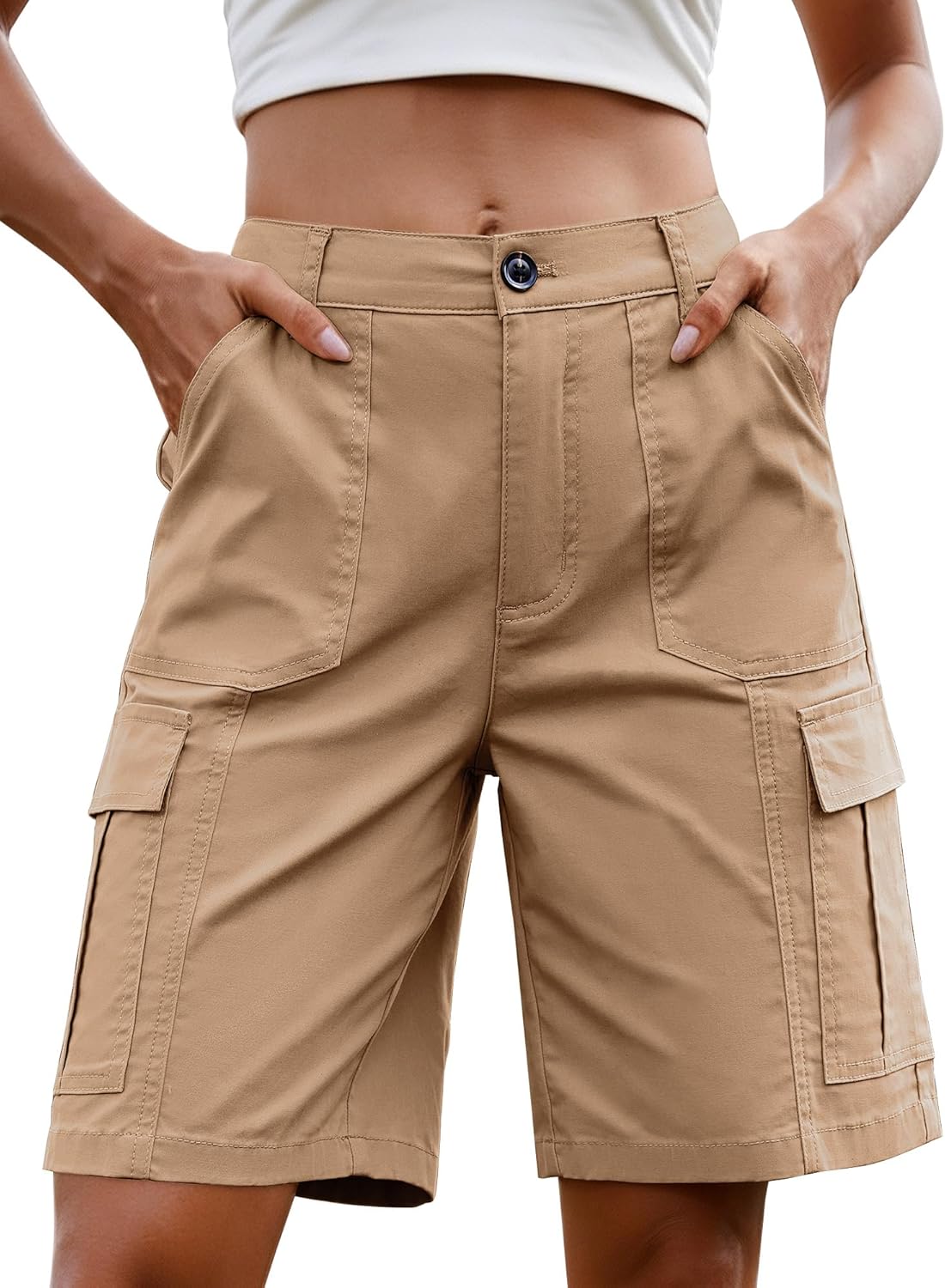 Detalle de StylSense Damen Cargo Jeans Shorts mit hohem Bund – Baumwolle & Elasthan, 6 Taschen