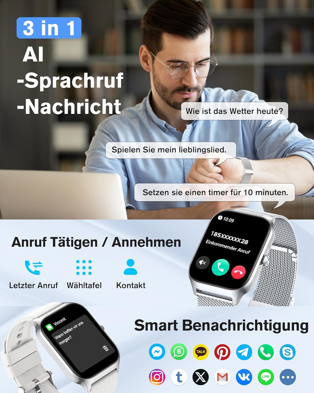 Thumbnail 3 de KALINCO Smartwatch Herren/Damen – Blutdruck, KI-Fitness & Weltuhr, 100+ Sportmodi
