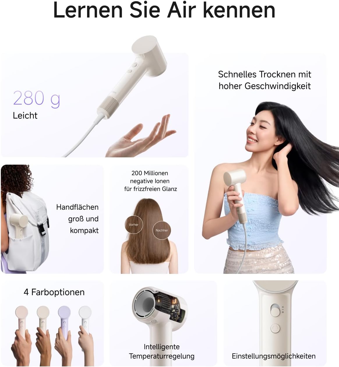 Detalle 2 de Laifen Air Haartrockner – ultras leicht, 280 g, 200 Mio. Negative-Ionen, 3 Min. Trocknen, flüsterleise 60 dB, Kindermodus & Glättungsdüse