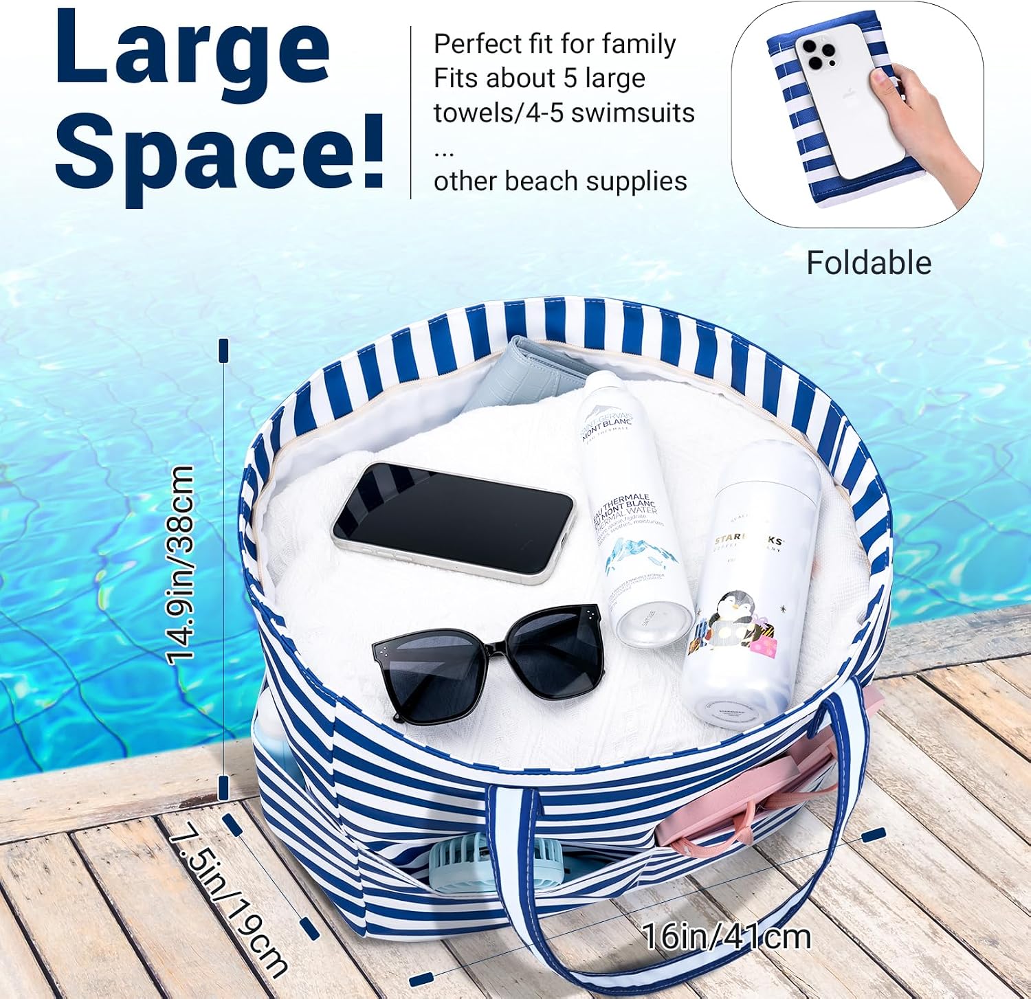 Thumbnail 2 de benpen Large Beach Bag for Women (Waterproof, Zip Top) with 8 Pockets — blue strip