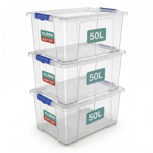 Detalle de Klass 3 PCS 50L Plastic Storage Boxes With Lids (Cliping Lid) – Clear, Strong & Stackable