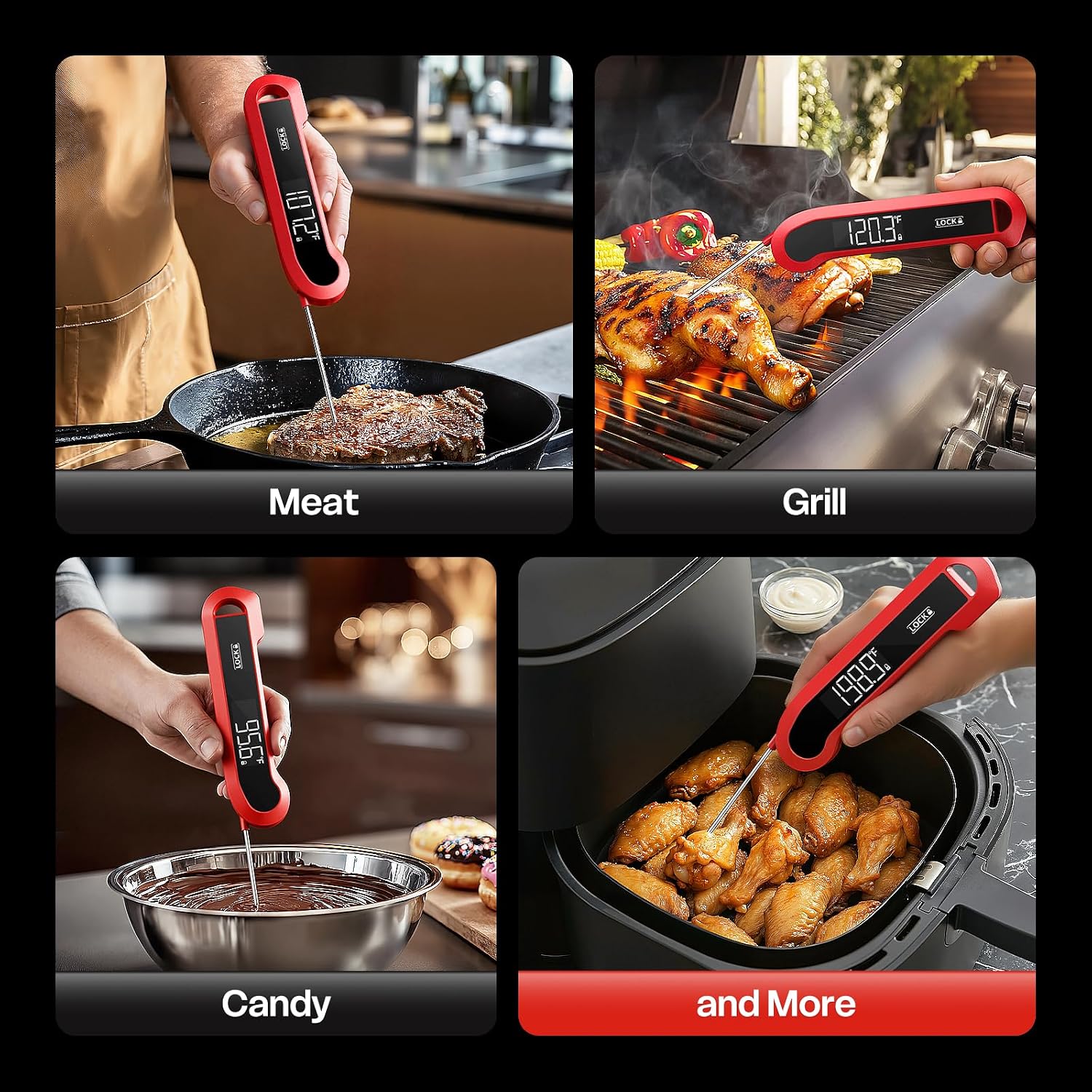 Detalle 2 de ONFIKY 0.3 Sec Instant Read Meat Thermometer, Red, ±0.5°F Precision