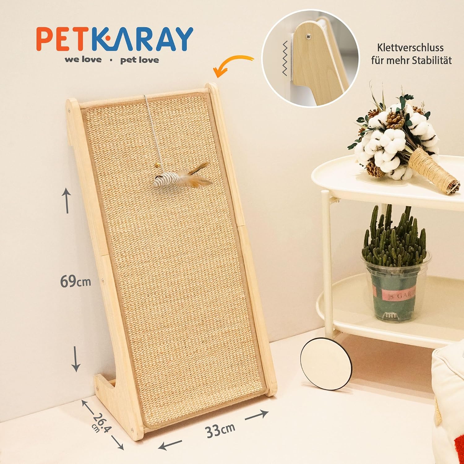 Detalle de PETKARAY Kratzbrett Katze (L-förmig) 68 cm – Sisal-Kratzpad für Wand & Ecke, mit Katzenminze und Mausspielzeug