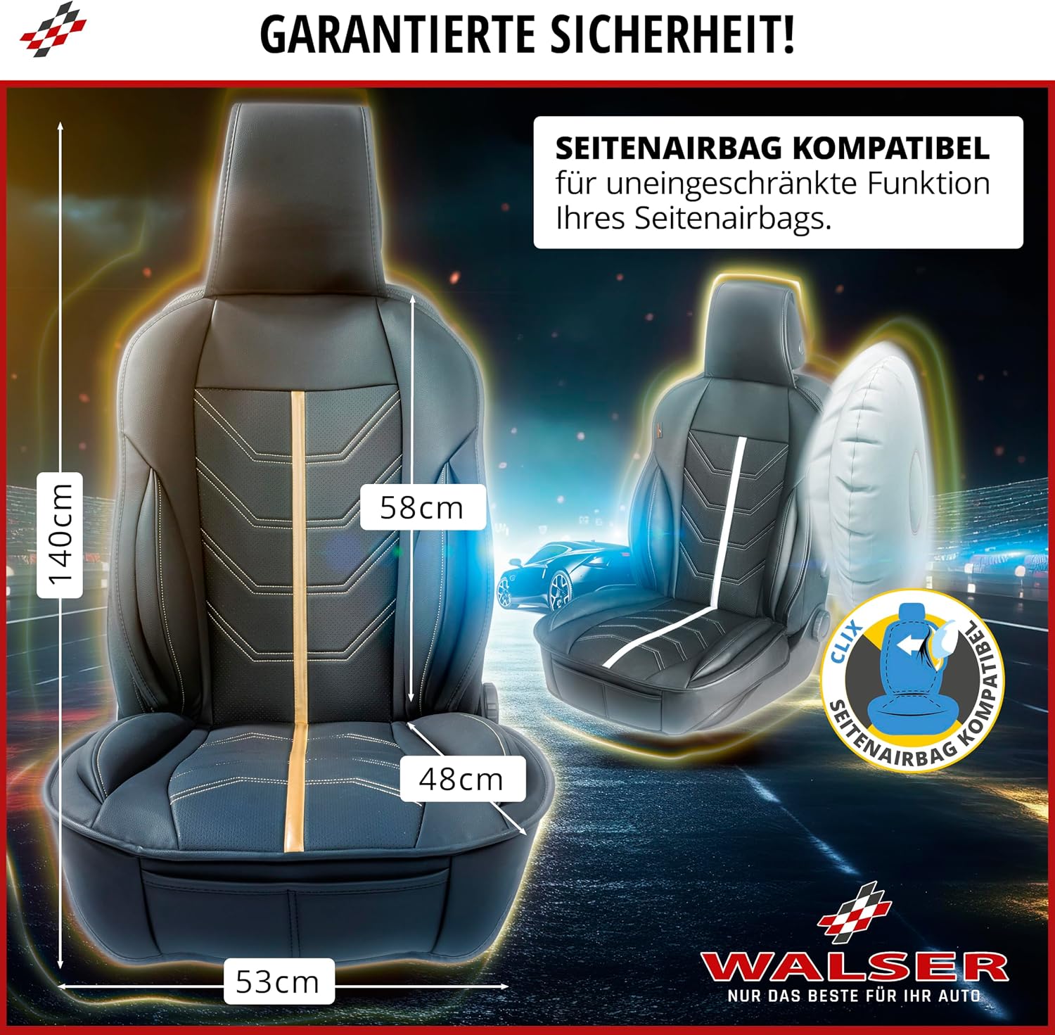 Detalle de Walser Premium Sitzauflage Auto Kimi für Vordersitze – Sitzschoner schwarz/grau mit Seitenairbag-Eignung