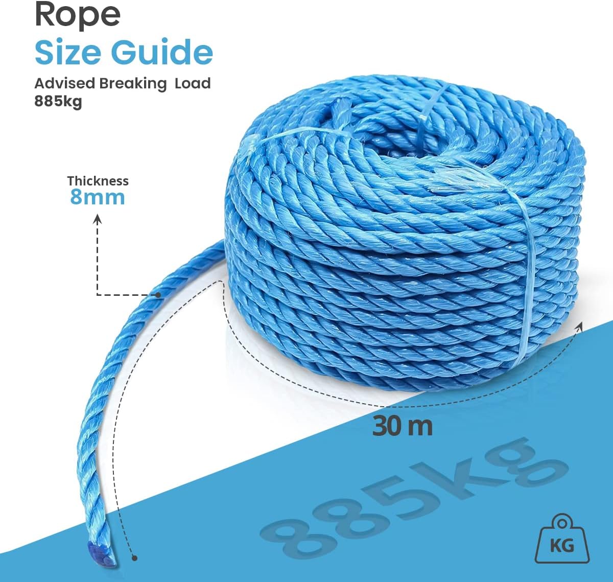 Detalle de Blue 6mm polypropylene rope (30m) with 530kg maximum breaking load – hard-wearing 3-strand split film cord