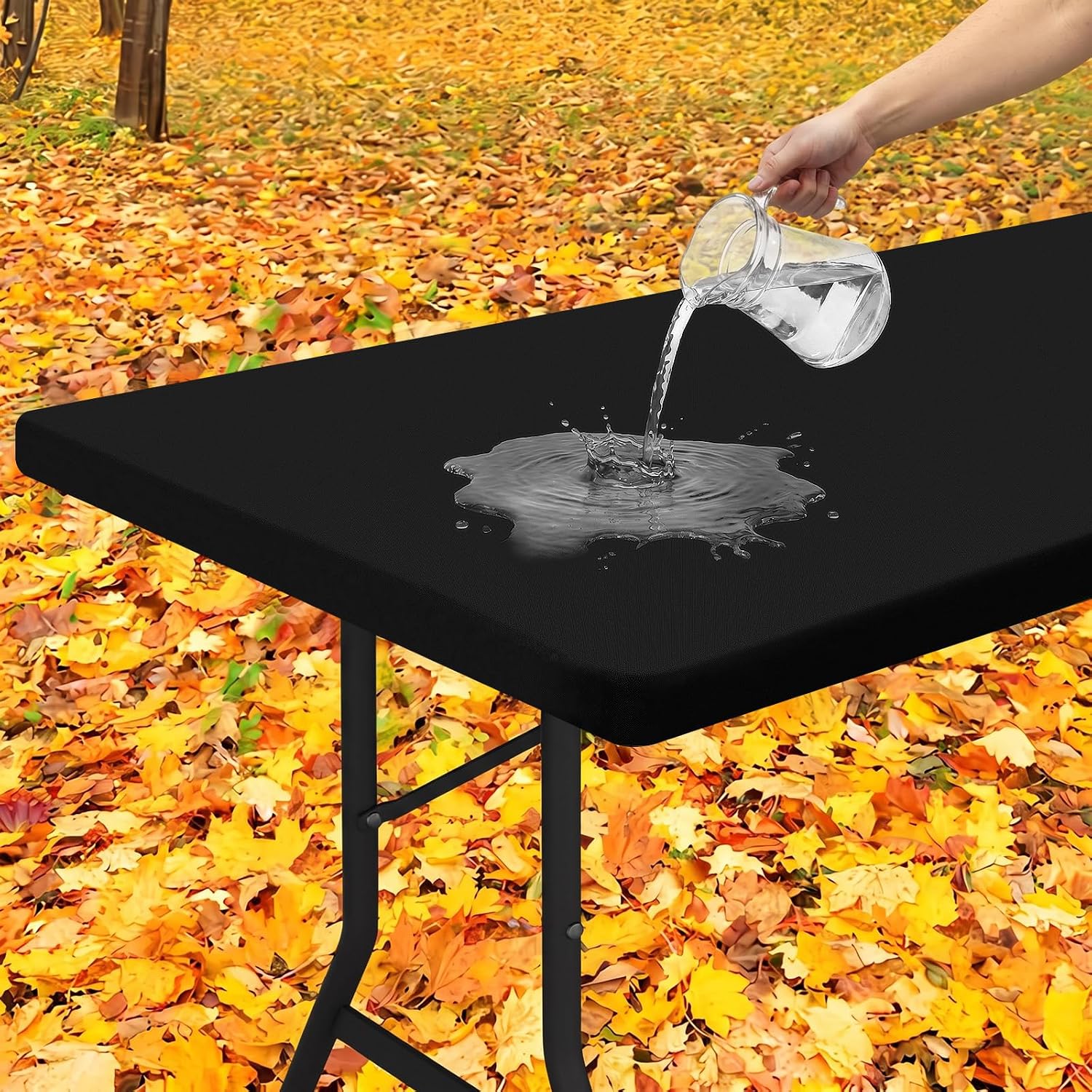 Detalle de Smiry Rectangle Tablecloth (Elastic Fitted, Flannel-Backed Vinyl) for 8ft Folding Tables, Black 30"x96