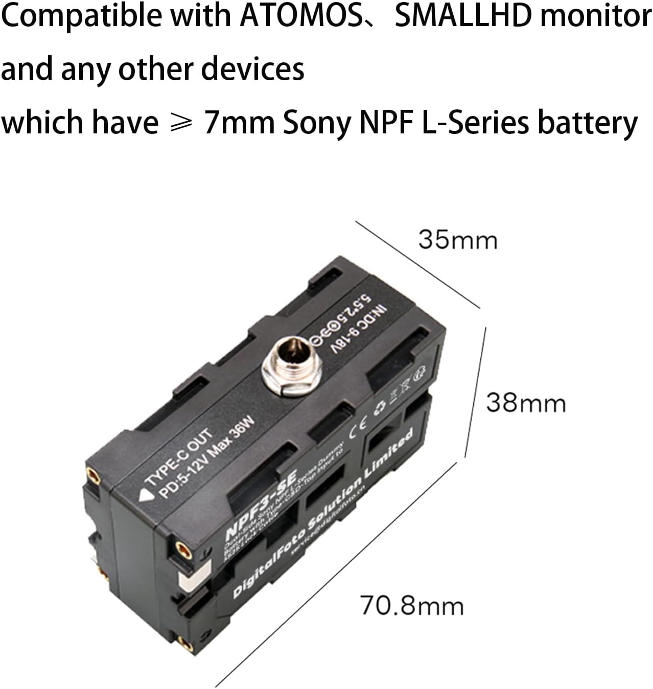 Detalle de NPF3-SE NP-F Dummy Battery with USB-C and D-Tap Input | 5525 Cable Compatibility for LED Lights and Monitors