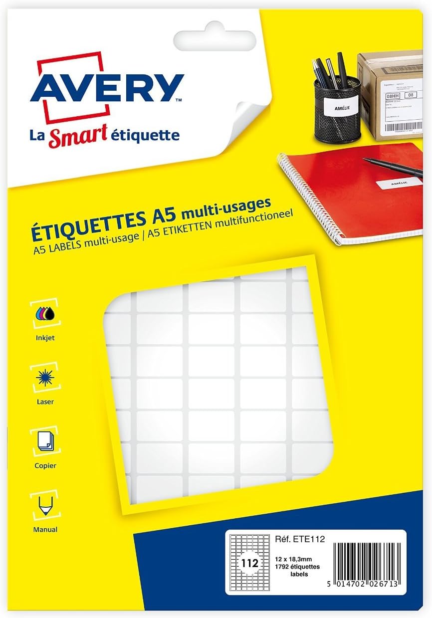 Detalle de AVERY ETE112 zelfklevende etiketten, 12 x 18,3 mm, wit, 1.792 stuks