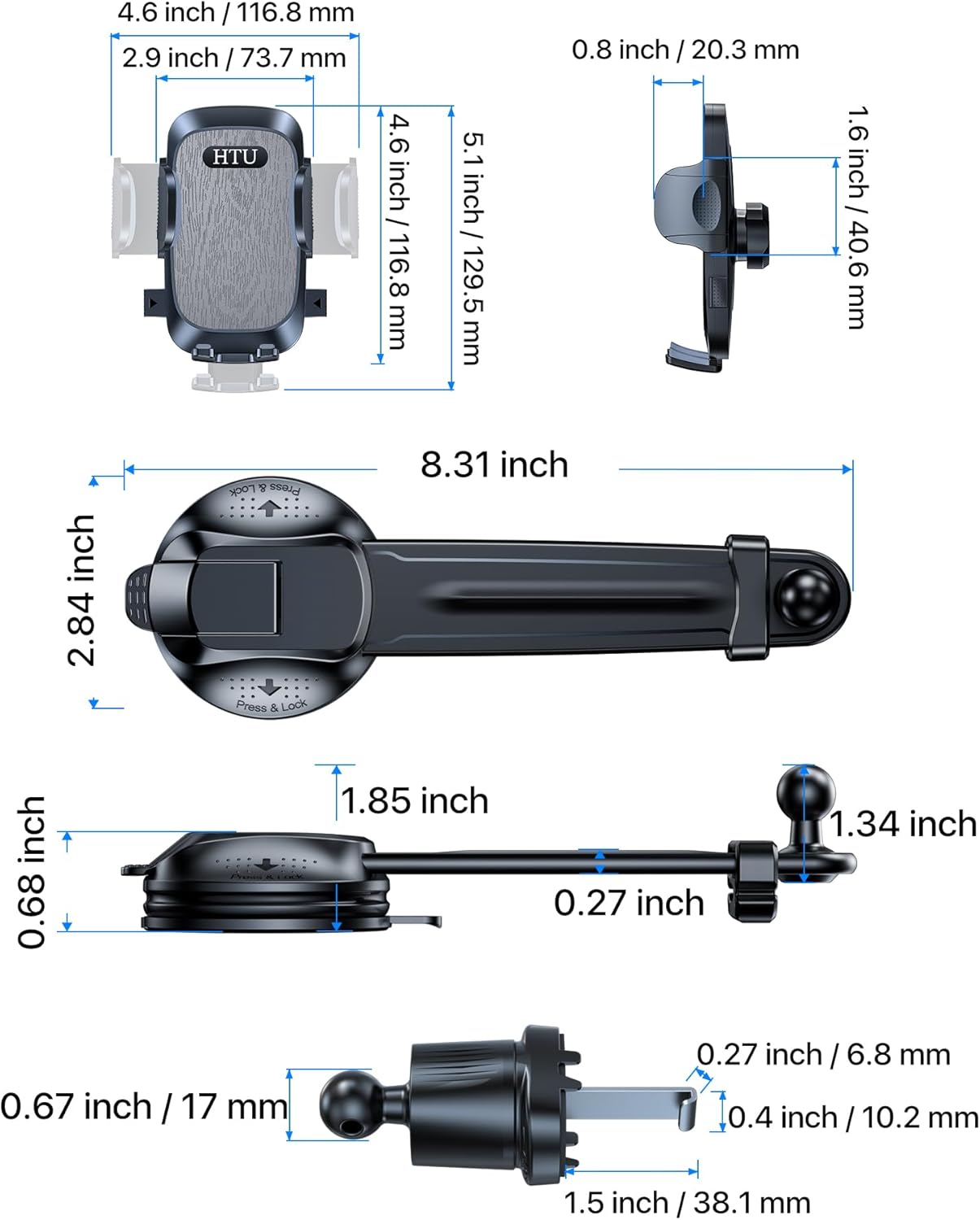 Thumbnail 6 de HTU 2026 KFZ-Handyhalterung mit Saugnapf & Lüftungshaken, 360° drehbar am Armaturenbrett/Scheibe – Grau