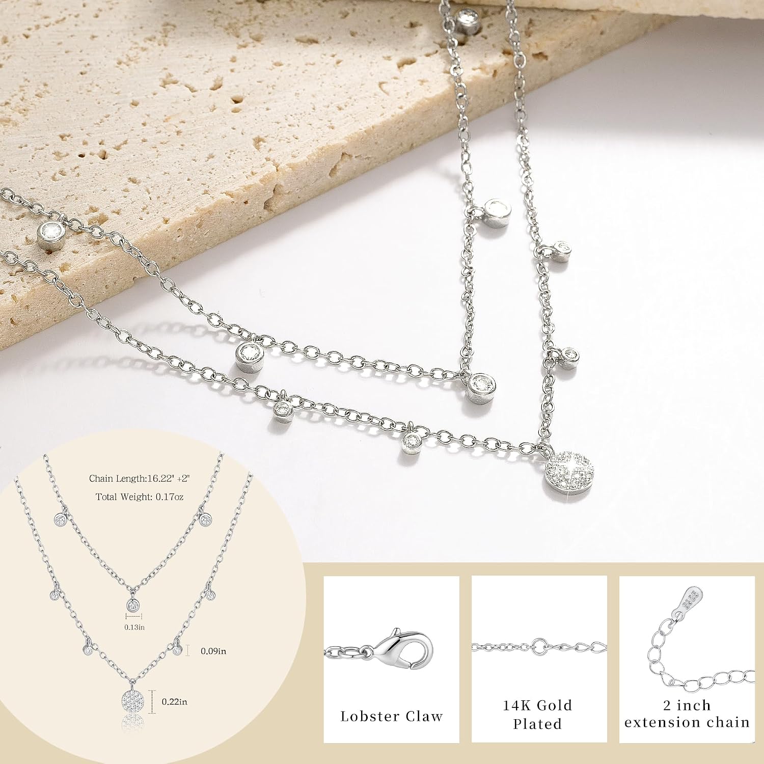Detalle de Chihayafuji 925 Silver Pendant Necklace for Women – Layered Dainty Cubic Zirconia, Gold Plated & Waterproof