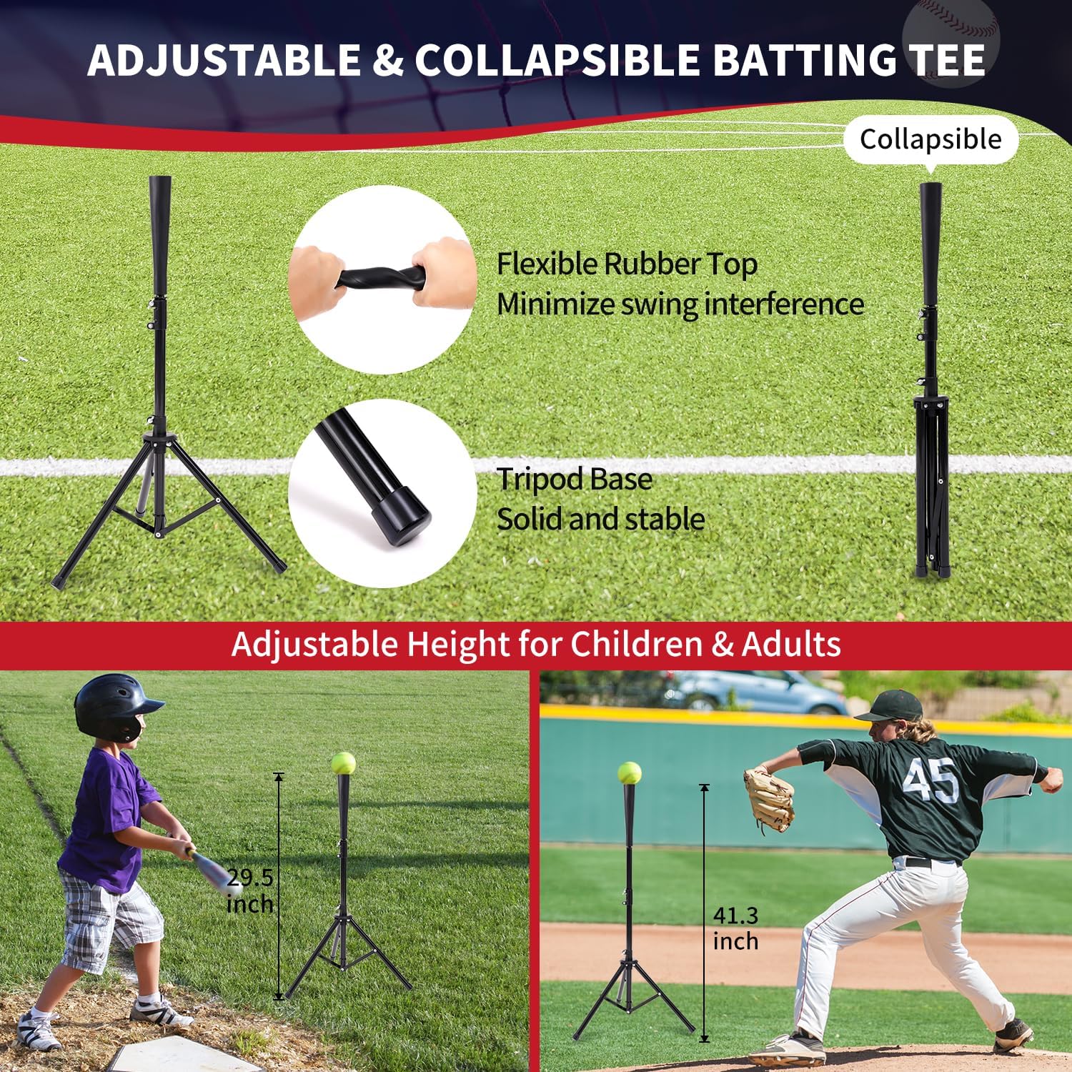 Detalle 1 de BAGAIL BN03-Black Baseball & Softball Training Net, 7x7 ft with Tee and 2 Strike Zones
