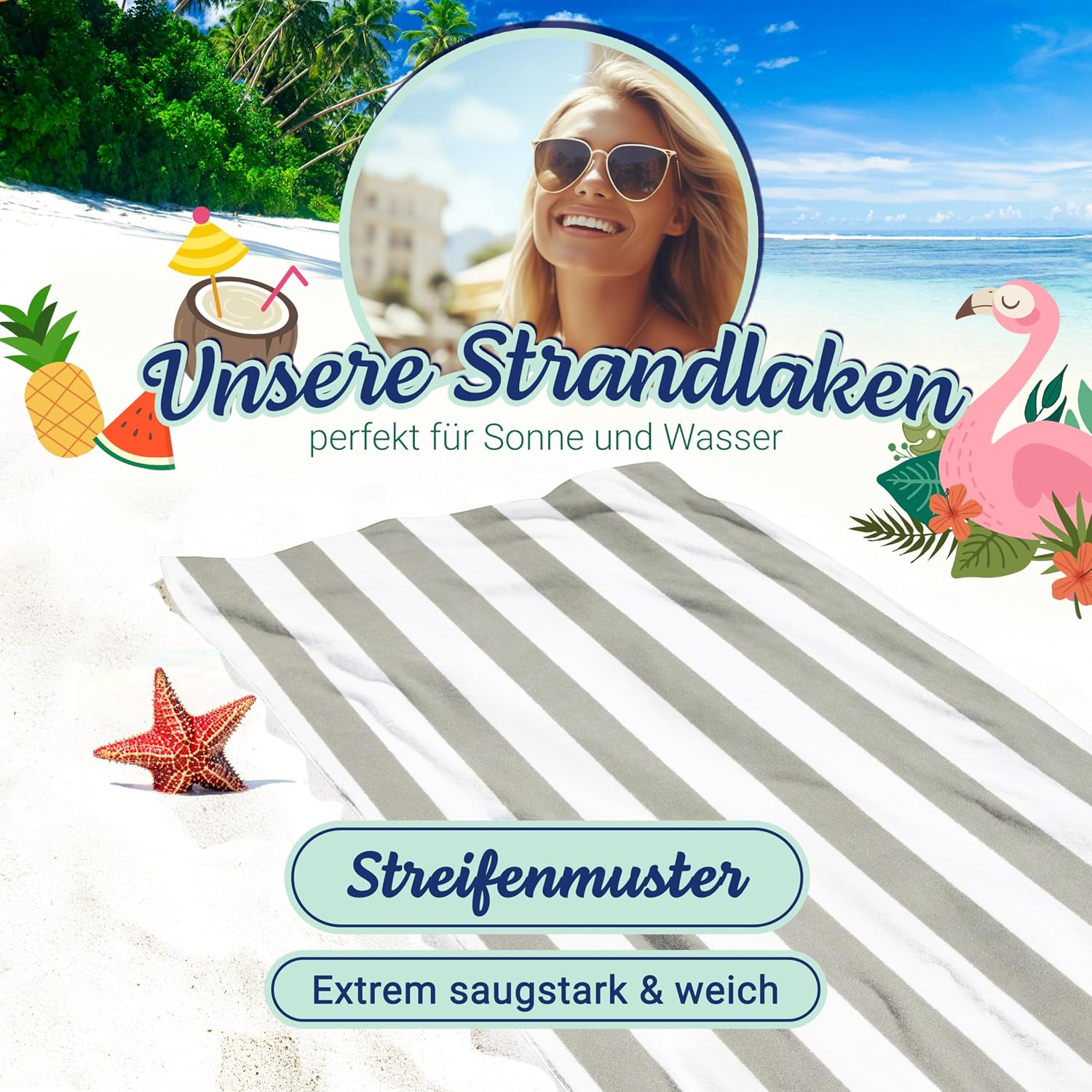 Detalle de ZOLLNER 2er Set Strandtücher – 70x180 cm, graues Streifenmuster, 100% Baumwolle, OEKO-TEX geprüft