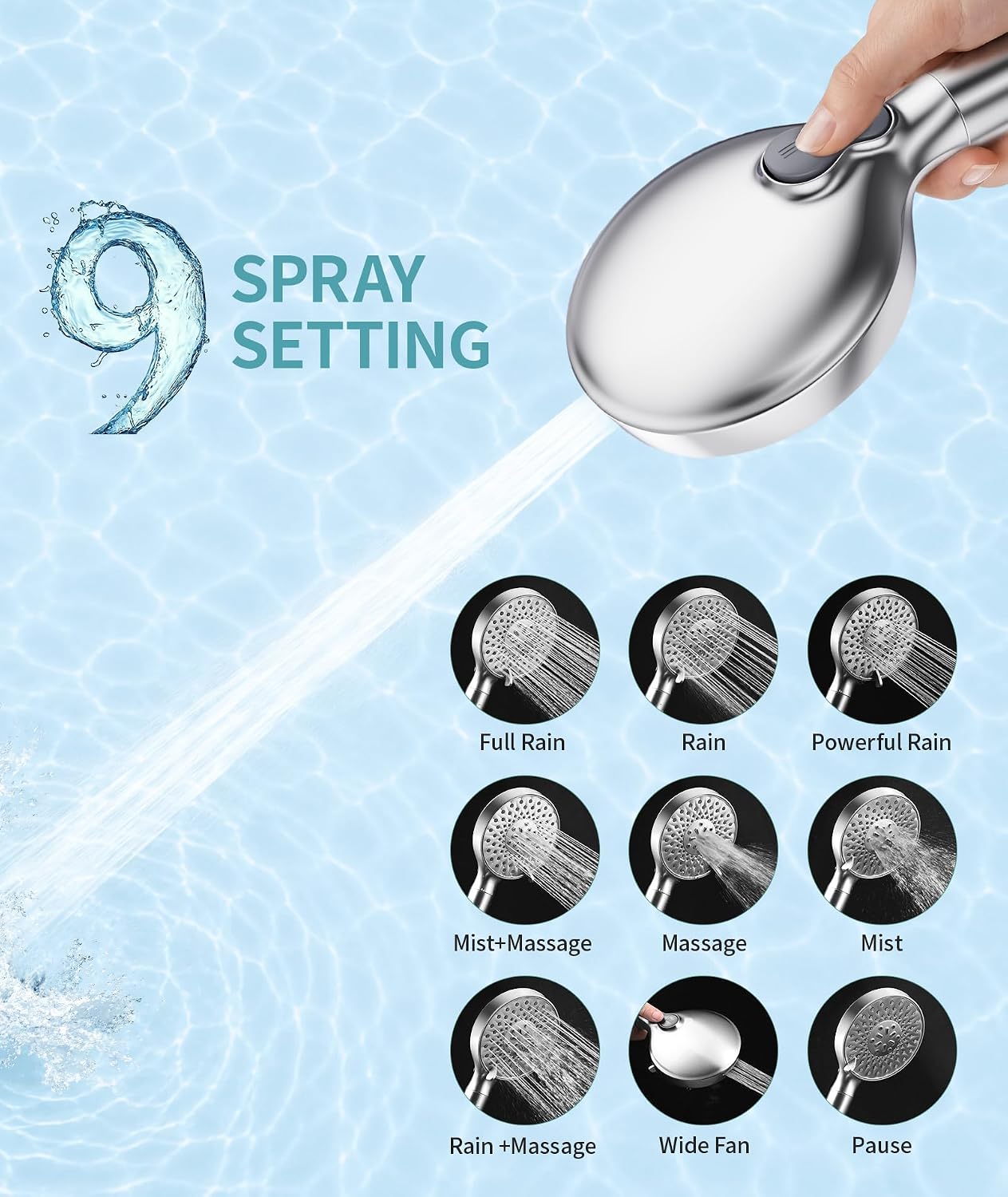 Detalle de SR SUN RISE Filtered Shower Head with Handheld High Pressure, 9-Spray Modes & Detachable Design (Chrome)