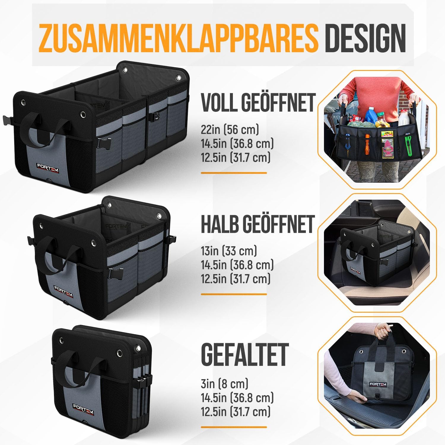 Thumbnail 6 de FORTEM Kofferraum Organizer (klappbar) mit rutschfestem Boden, Seitentaschen und abnehmbarem Deckel – Grau, Groß