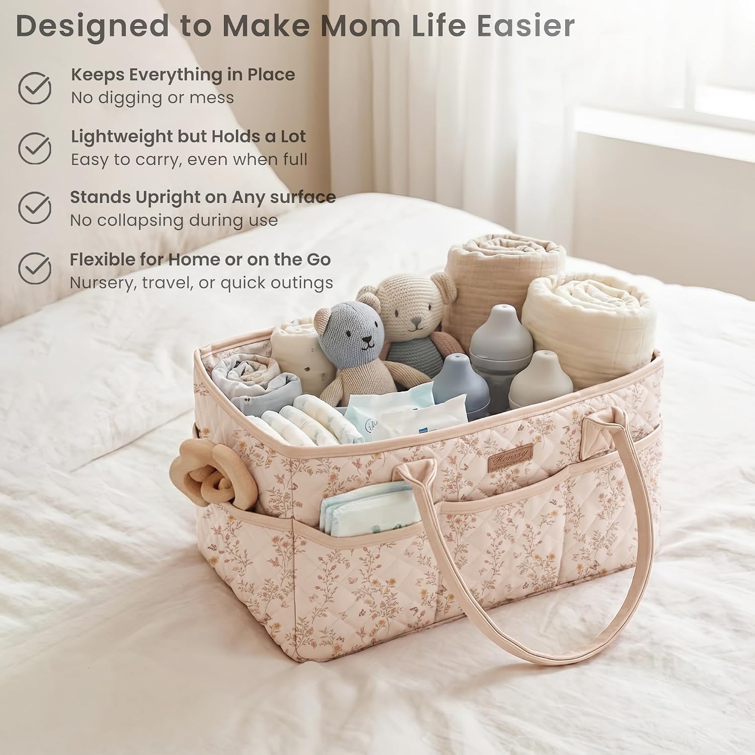 Detalle 2 de Konssy Floral Diaper Caddy Organizer, Quilted Polyester with Removable Divider