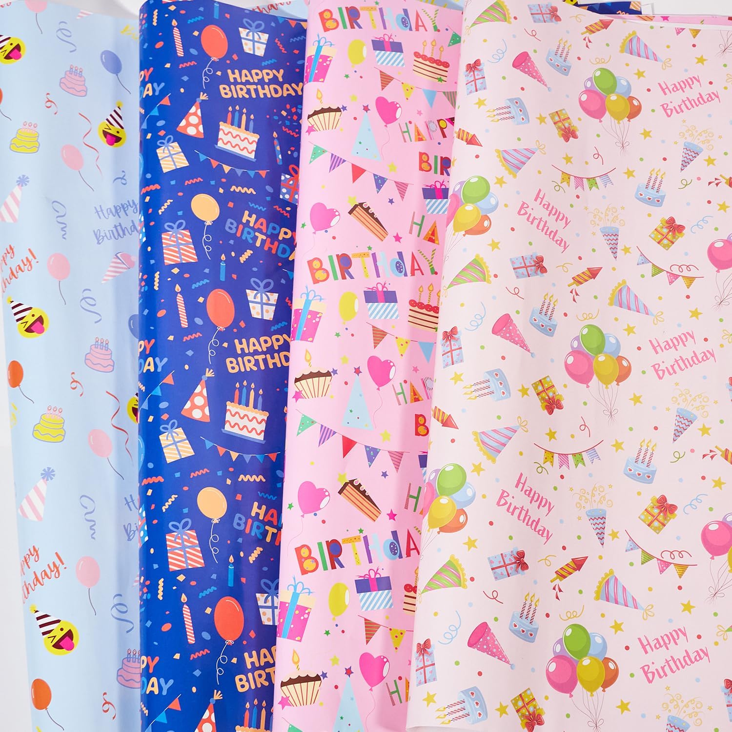 Birthday Wrapping Paper Sheets — 8x 51 x 74 cm, 4 Colourful Designs