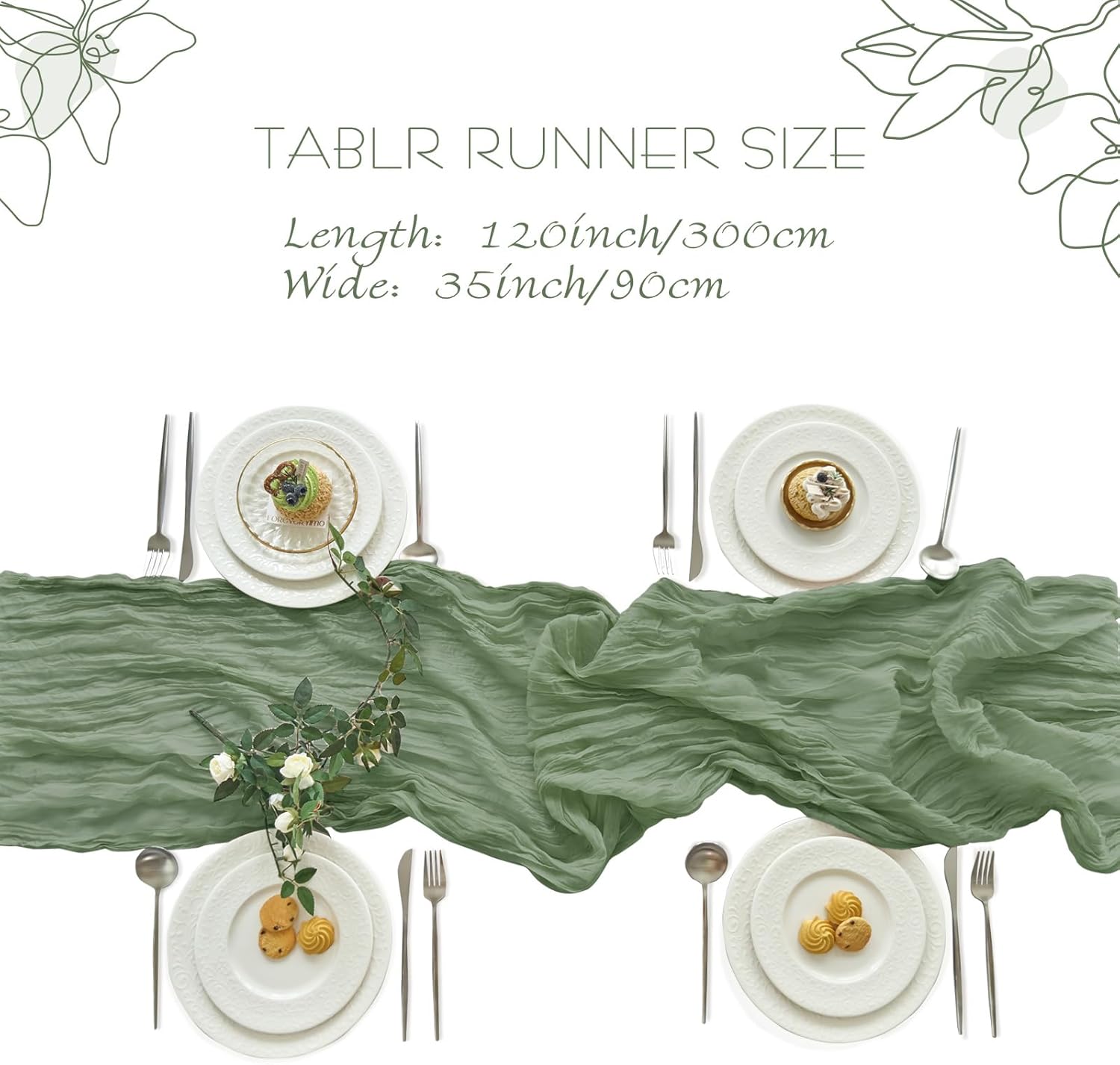 Detalle de IVAPUPU 2-Piece Gauze Cheesecloth Table Runner Set (10 ft) in Sage Green for Spring & Easter Decor