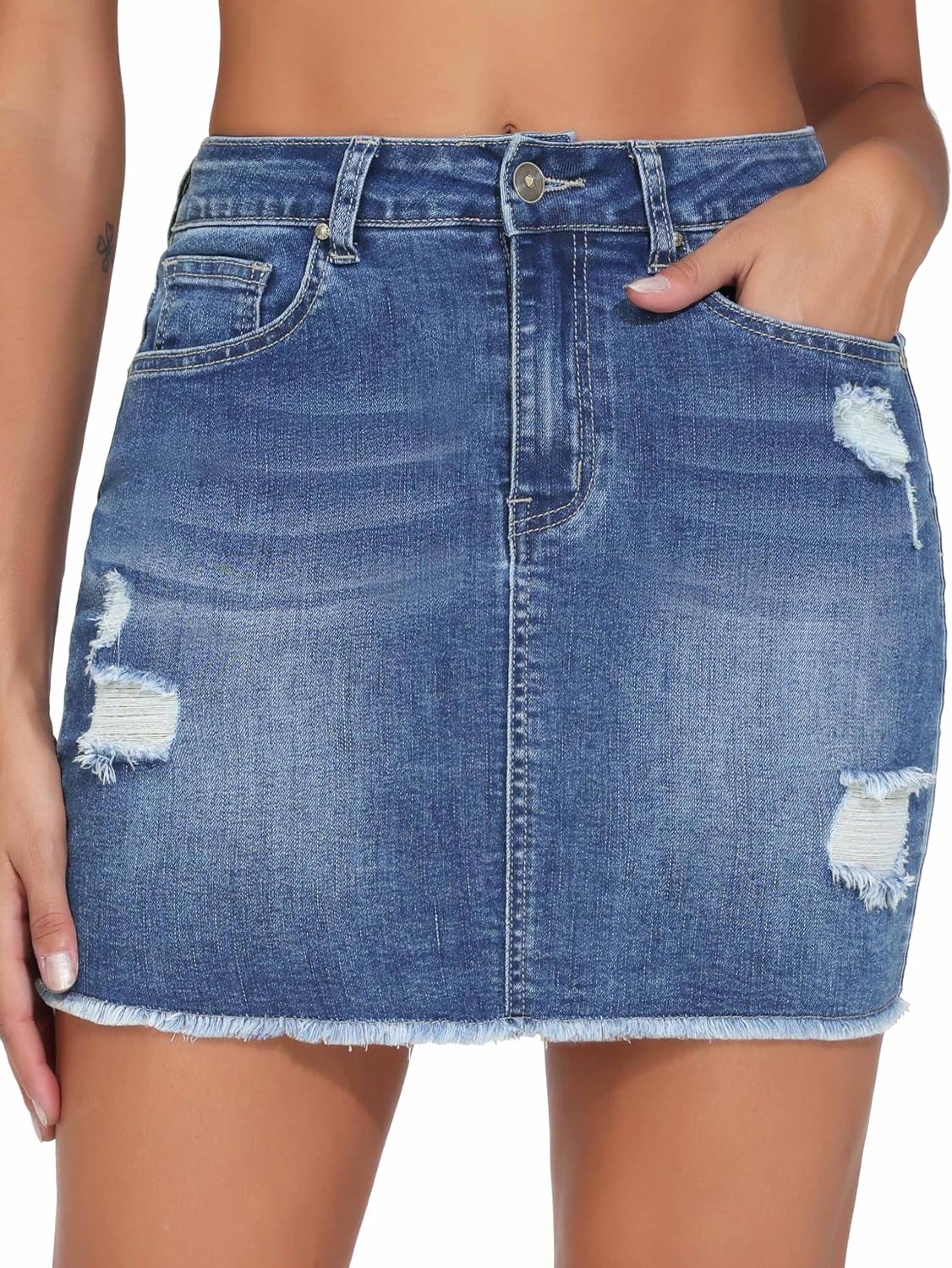 Detalle de THE GYM PEOPLE Women's Ripped Denim Mini Skirt, Stretch Denim, Raw Hem