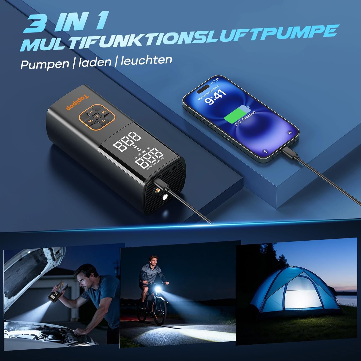Thumbnail 5 de Topipop Elektrische Luftpumpe – 150 PSI Akku Kompressor mit 4 Modi und Powerbank-Funktion