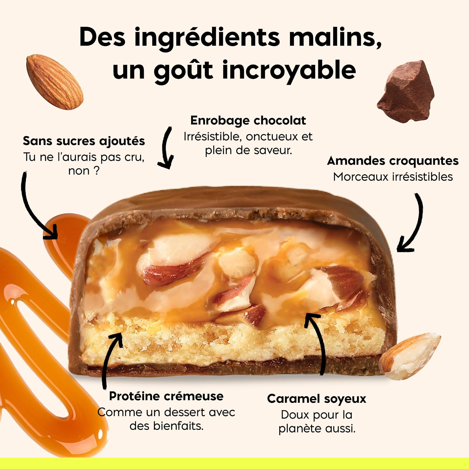 Detalle de N!CK'S proteïnereep met amandel en karamel, 13 g eiwit, glutenvrij
