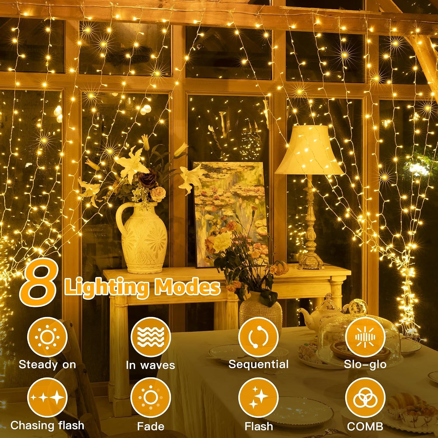 Detalle de Ollny Curtain Fairy Lights, 300LED 3m x 3m Waterfall Hanging String Lights