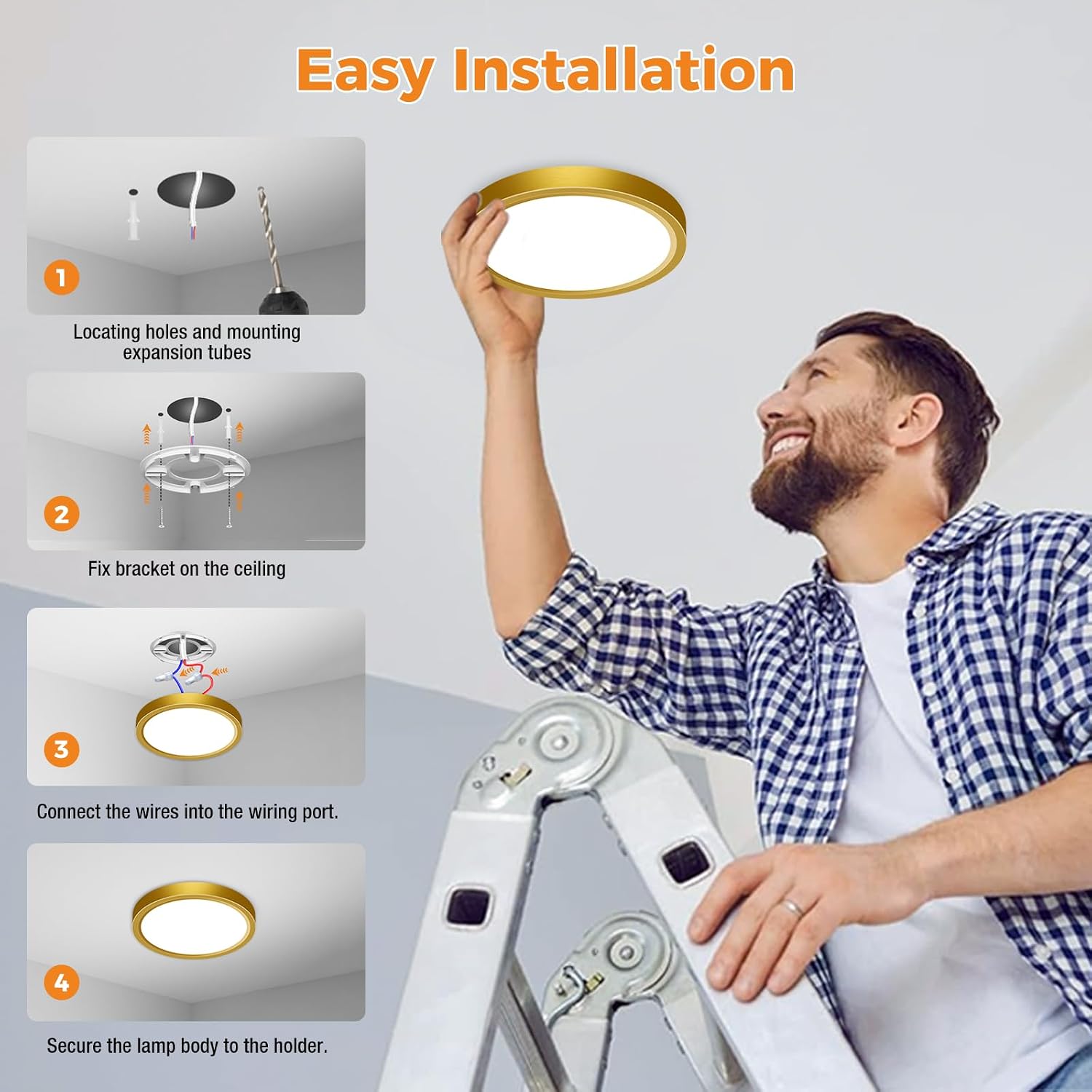 Detalle de slochi Bathroom Light: 3‑in‑1 Colour Temperature, 18W, 22cm Round Flush Ceiling Light (Gold)