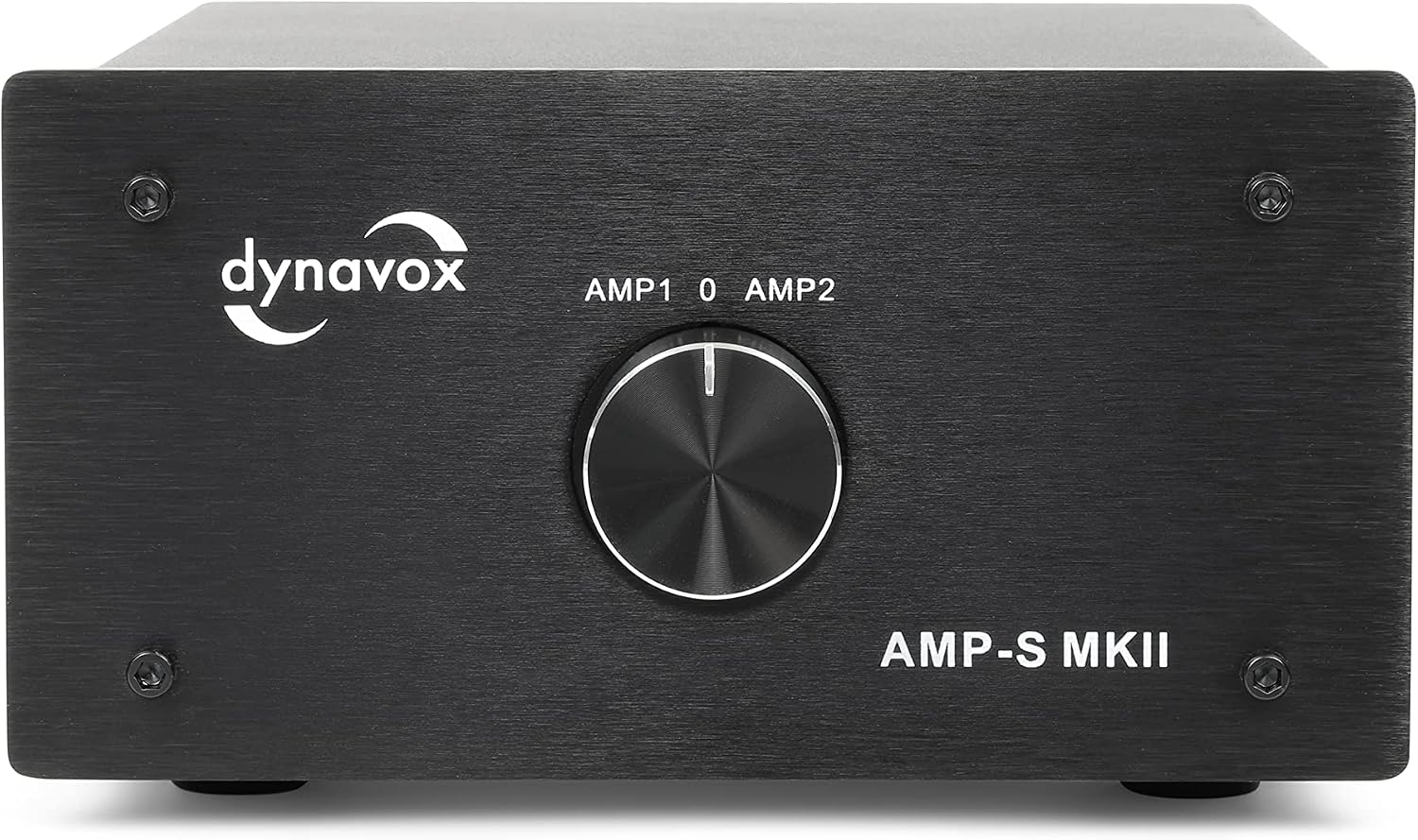 Detalle de Dynavox AMP-S MKII – przełącznik wzmacniacza i głośników, metalowa obudowa