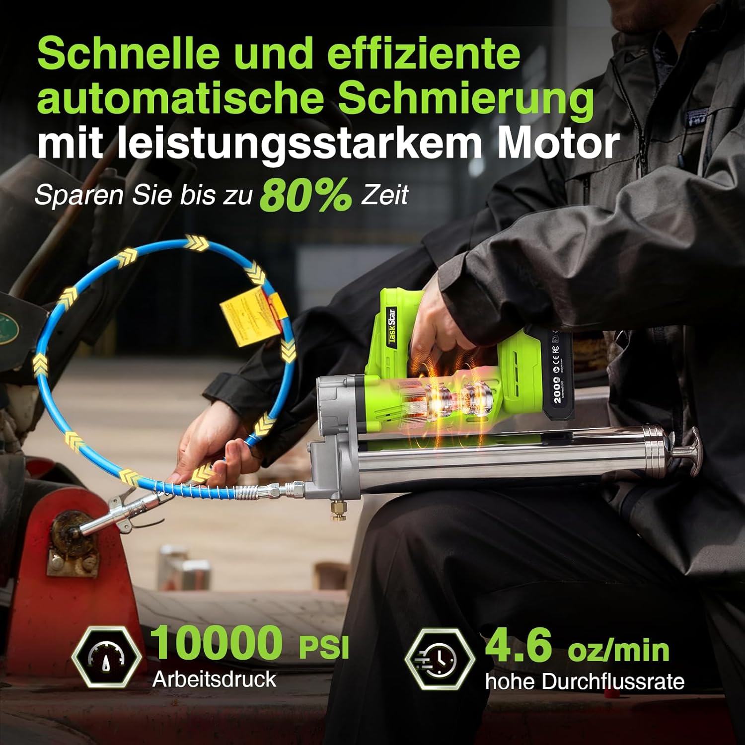 Thumbnail 2 de TaskStar Akku-Fettpresse mit 2×2,0Ah Batterien, 10.000 PSI Max Druck und Schnellverschluss-Mundstück