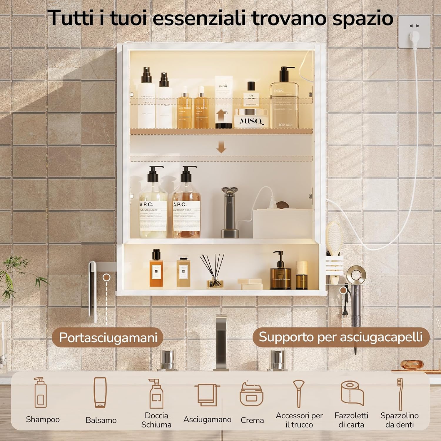 Thumbnail 3 de mojiasion Specchio Bagno Contenitore 60x78x18 cm con Luce LED 3 Lati, Touch, USB e Porta asciugacapelli/Asciugamani