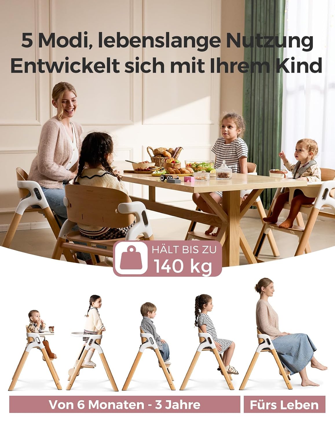 Thumbnail 1 de Momcozy DinerPal Hochstuhl aus Buchenholz – 5-in-1, verstellbar & umwandelbar für Babys bis Erwachsene
