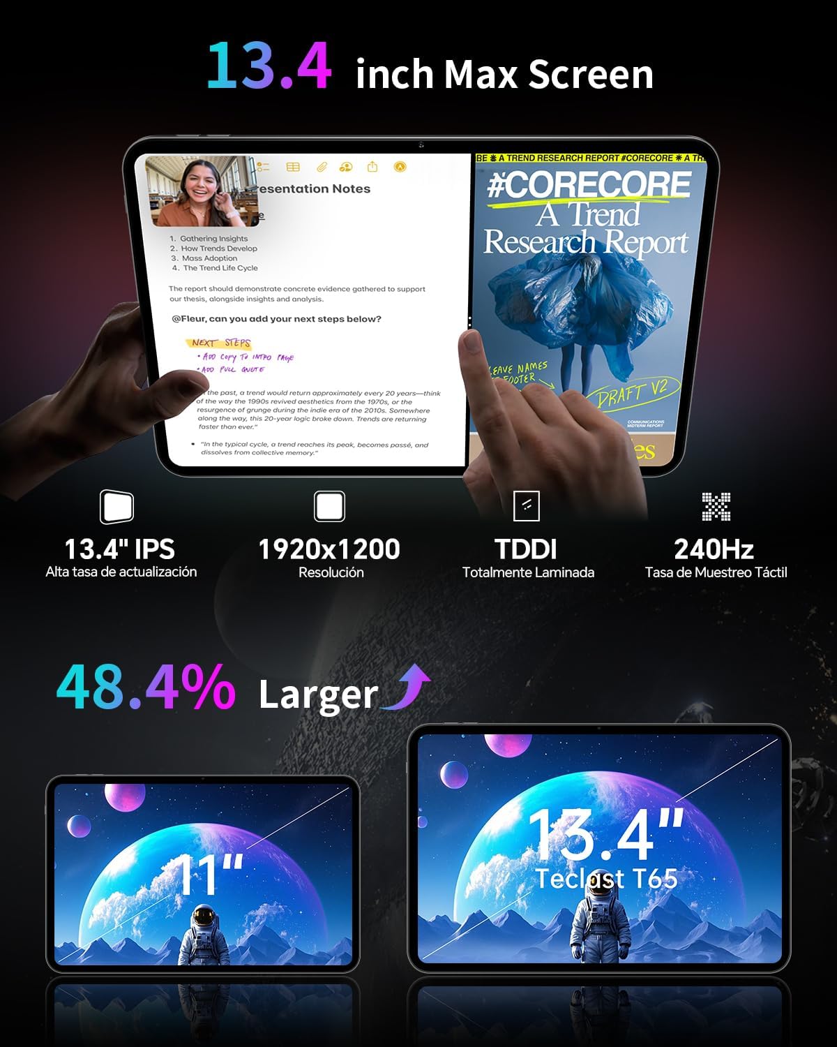 Detalle de TECLAST Android 16 T65 13.4-Inch Tablet: Big display, big storage, all-day versatility