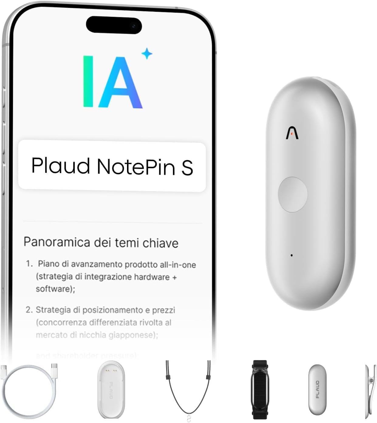 Plaud NotePin S Registratore Vocale AI: Registrazione tattile, trascrizione multi-lingue e riassunti professionali