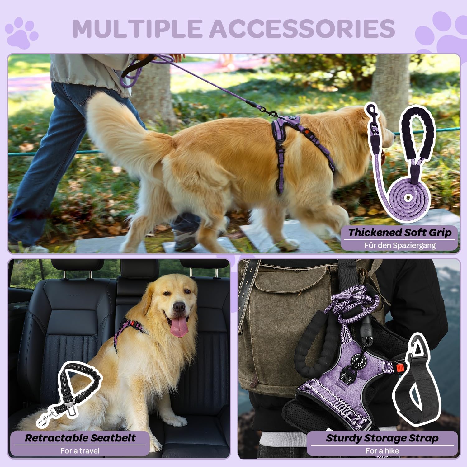Detalle de FURRYFECTION Dog Harness – No Pull, Reflective Oxford with Padded Handle (Size L, Light Purple)