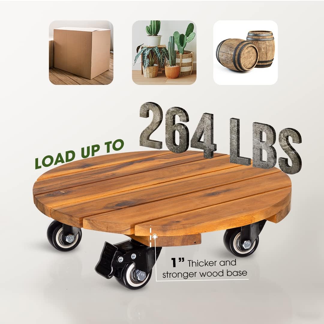 Detalle de IDZO EDNV Acacia Wood Plant Caddy Set, 14-Inch, Locking 360° Wheels
