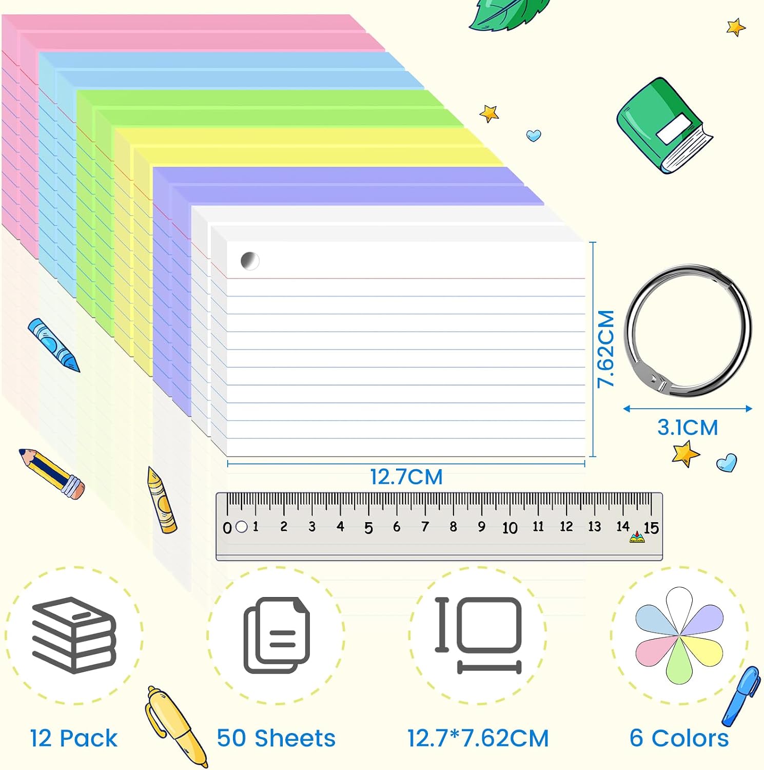 Detalle de Flash Cards 3x5 (7.62x12.7cm) – 600 Colour‑Lined Index Cards with Binder Rings
