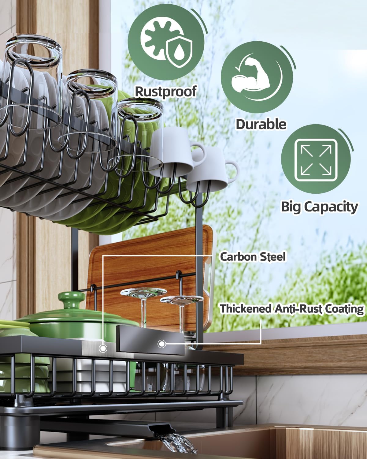 Detalle de Nfnoyp 2-Tier Dish Drying Rack with Rustproof Carbon Steel — Space-Saving Kitchen Drainer