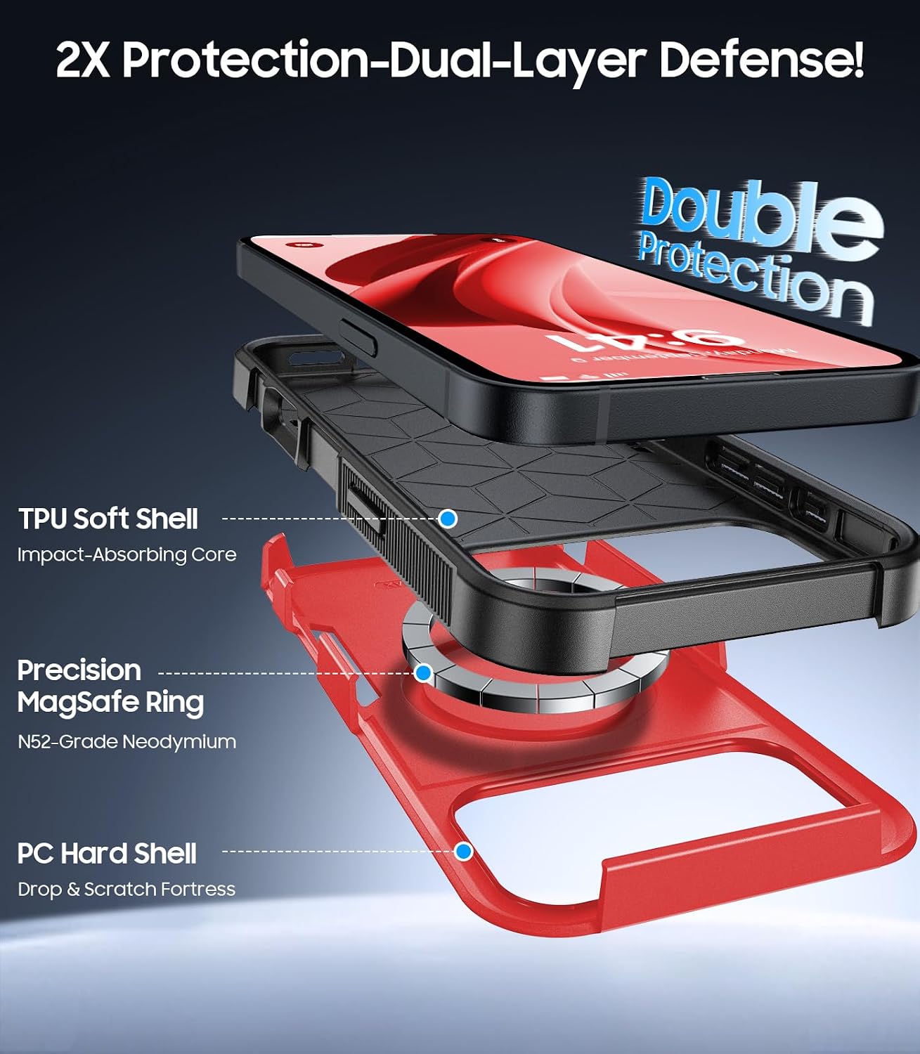 Detalle 2 de DEVISELOVE iPhone 18 Pro Max Case, Red Dual-Layer Magnetic Rugged Cover