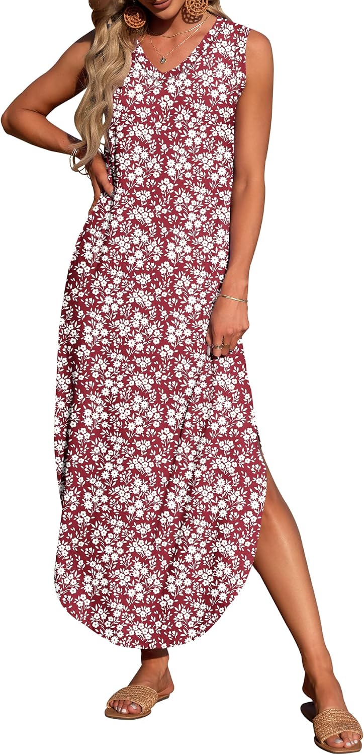 Thumbnail 3 de WNEEDU Damen Sommerkleid Lang mit V-Ausschnitt, A-Linie und Taschen