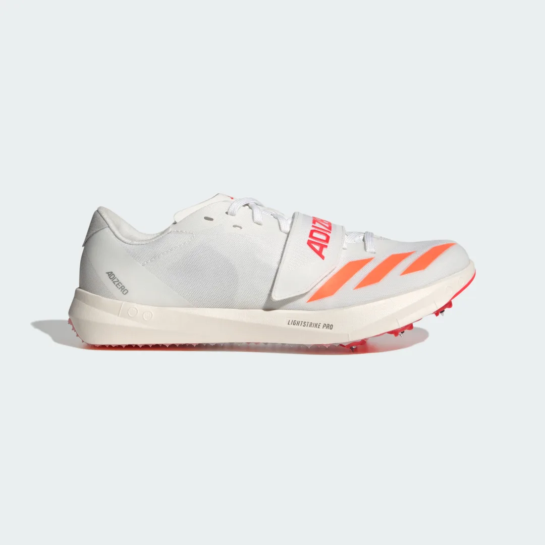 Detalle de Adizero TJ/PV de Adidas: zapatilla de atletismo en blanco para competición y entrenamientos