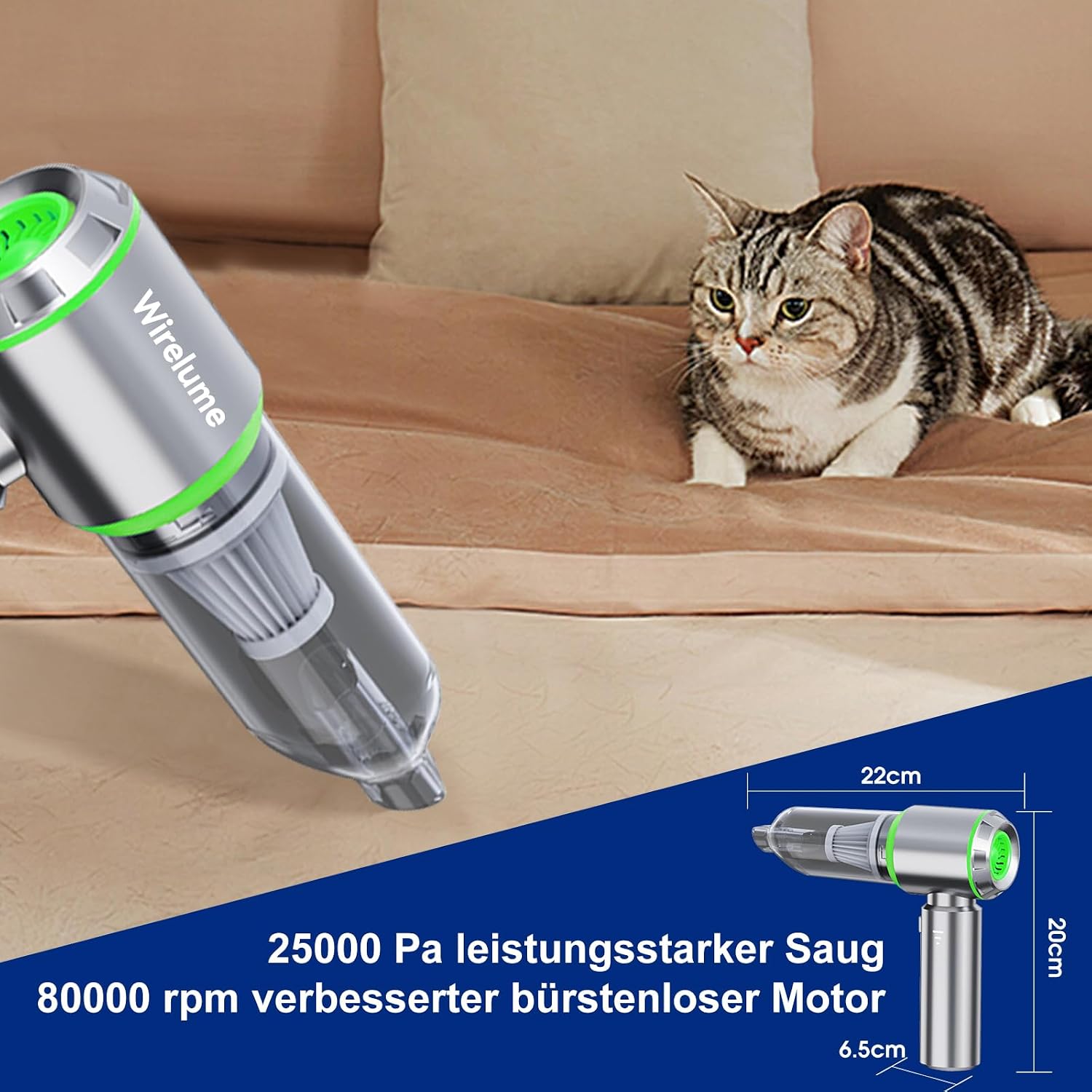 Detalle 2 de Wirelume Green Sliver cordless handheld car vacuum, 22,000 Pa suction