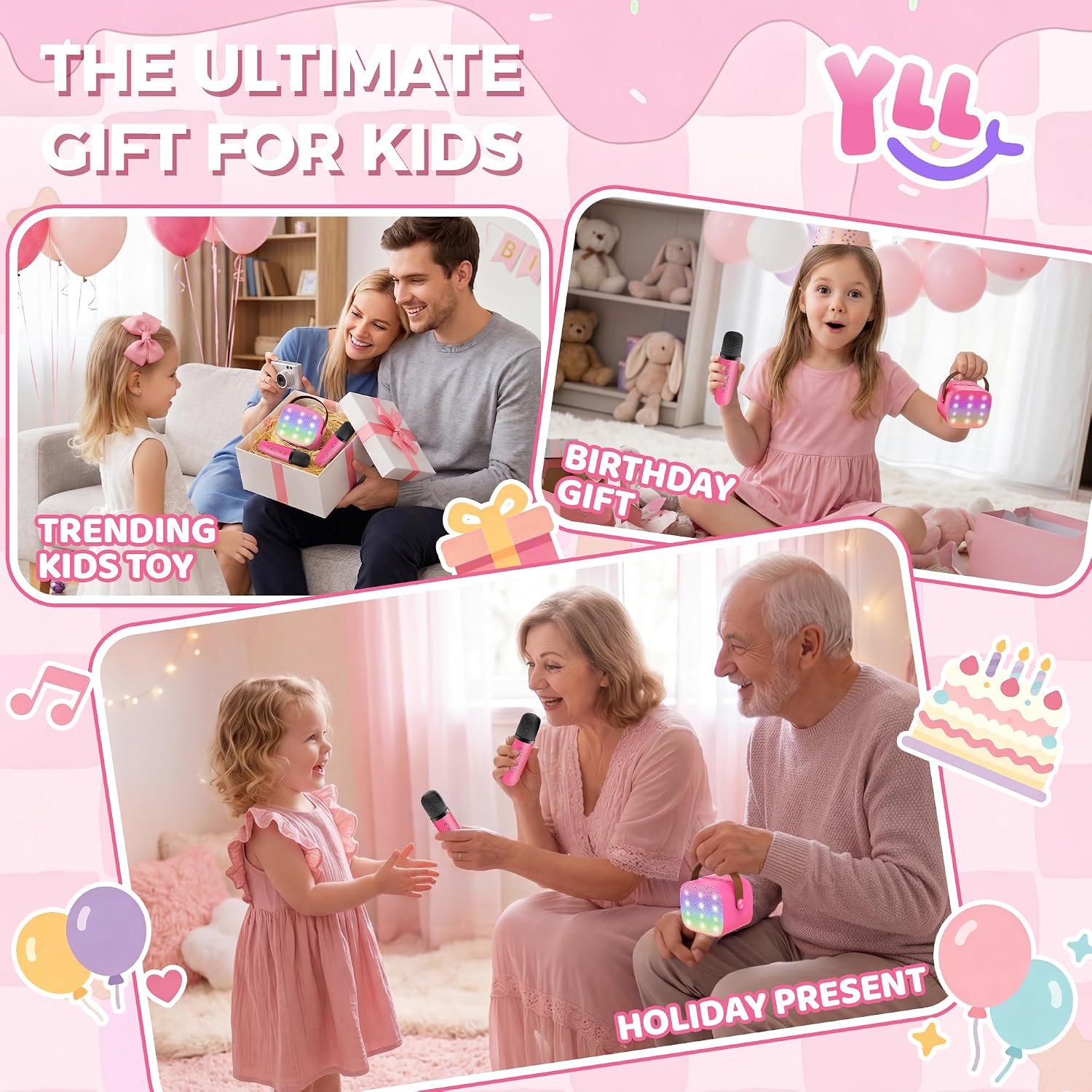 Thumbnail 1 de YLL Mini Children's Karaoke Machine with 2 Microphones (Hotpink) – Portable 4-Voice Fun for 3–12+